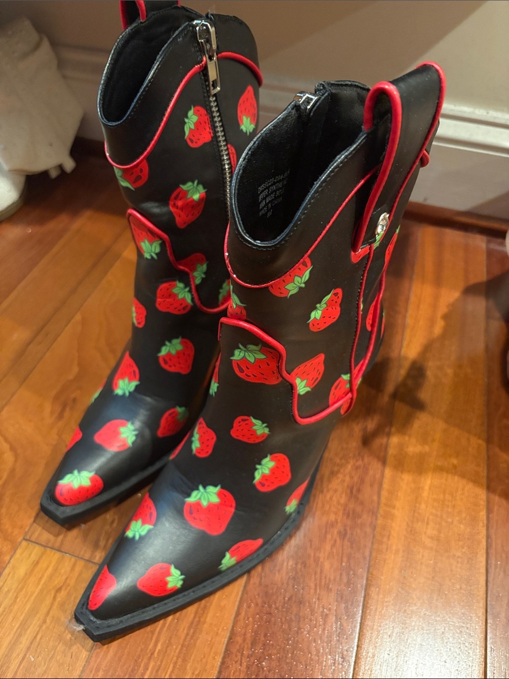 Dolls Kill Black Western Boots with Red Strawberry Print